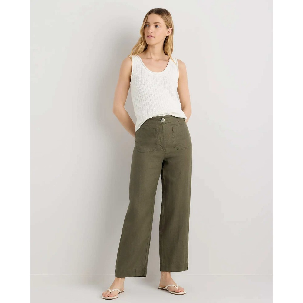 Quince European Linen Patch Pocket Wide Leg Pants 14 Bayberry Olive Green NWT